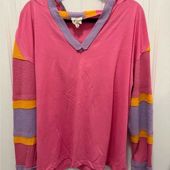 BiBi Pink Long Sleeve Top with Colorful Stripes - Picture 1 of 5
